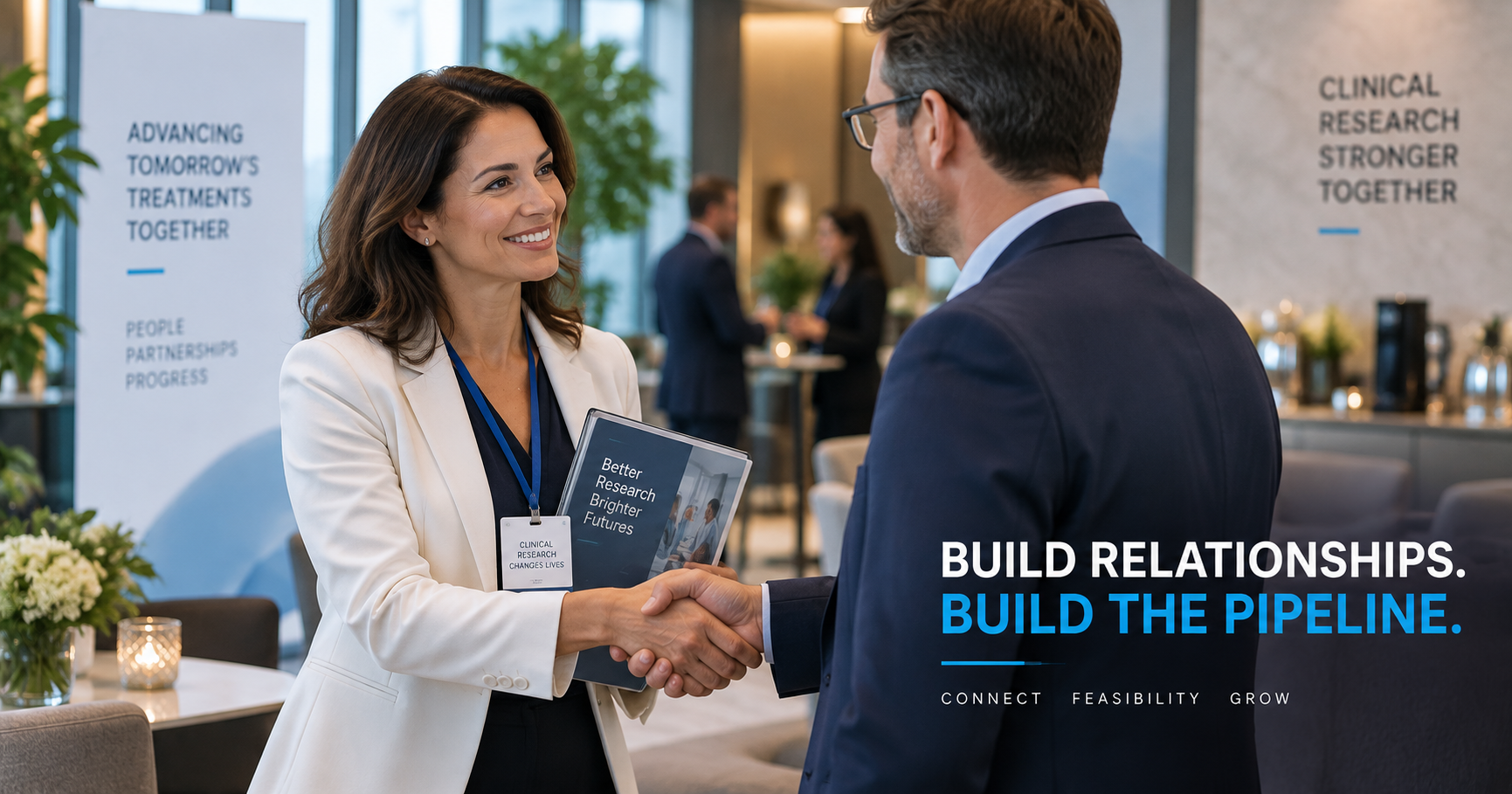 A research site representative in a white blazer shaking hands with a CRO or Sponsor professional at an industry networking event, holding a Site capabilities brochure, beside the headline 'Build relationships. Build the pipeline.'