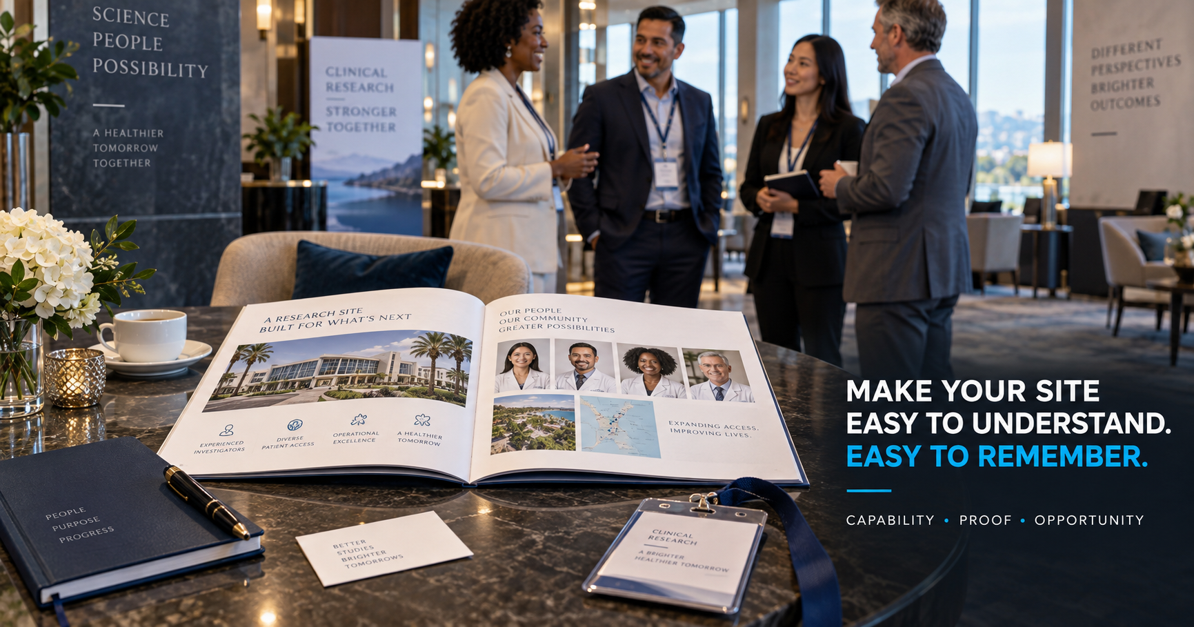 A printed Research Site capabilities booklet open on a marble conference table showing a facility photo, investigator portraits and a regional map, with a notebook, business card and conference badge, while professionals converse in the background, beside the headline 'Make your Site easy to understand. Easy to remember.'