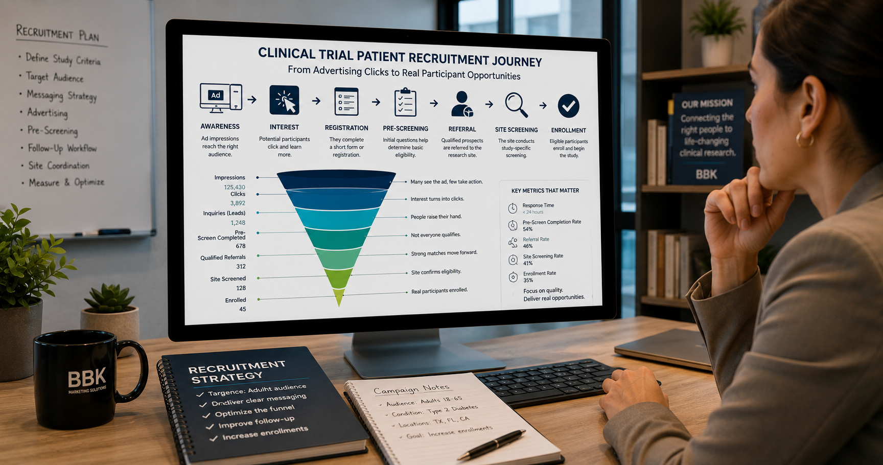 A recruitment professional reviewing a clinical trial patient recruitment funnel dashboard, showing the journey from advertising impressions through pre-screening, referral, and enrollment.