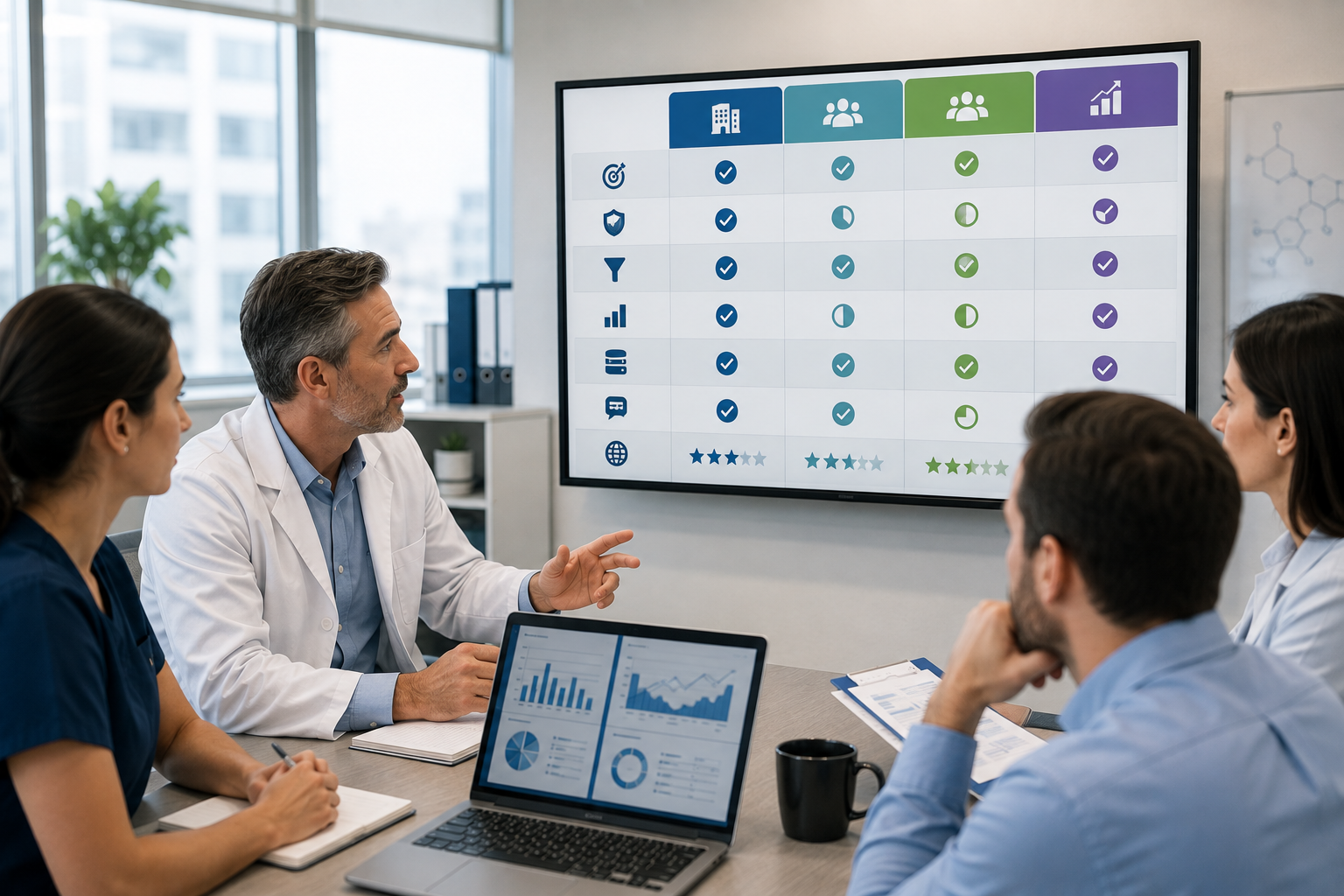 A Research Site leadership team evaluating clinical trial recruitment marketing partners against a scorecard covering clinical research expertise, IRB-aware creative, and transparent metrics.