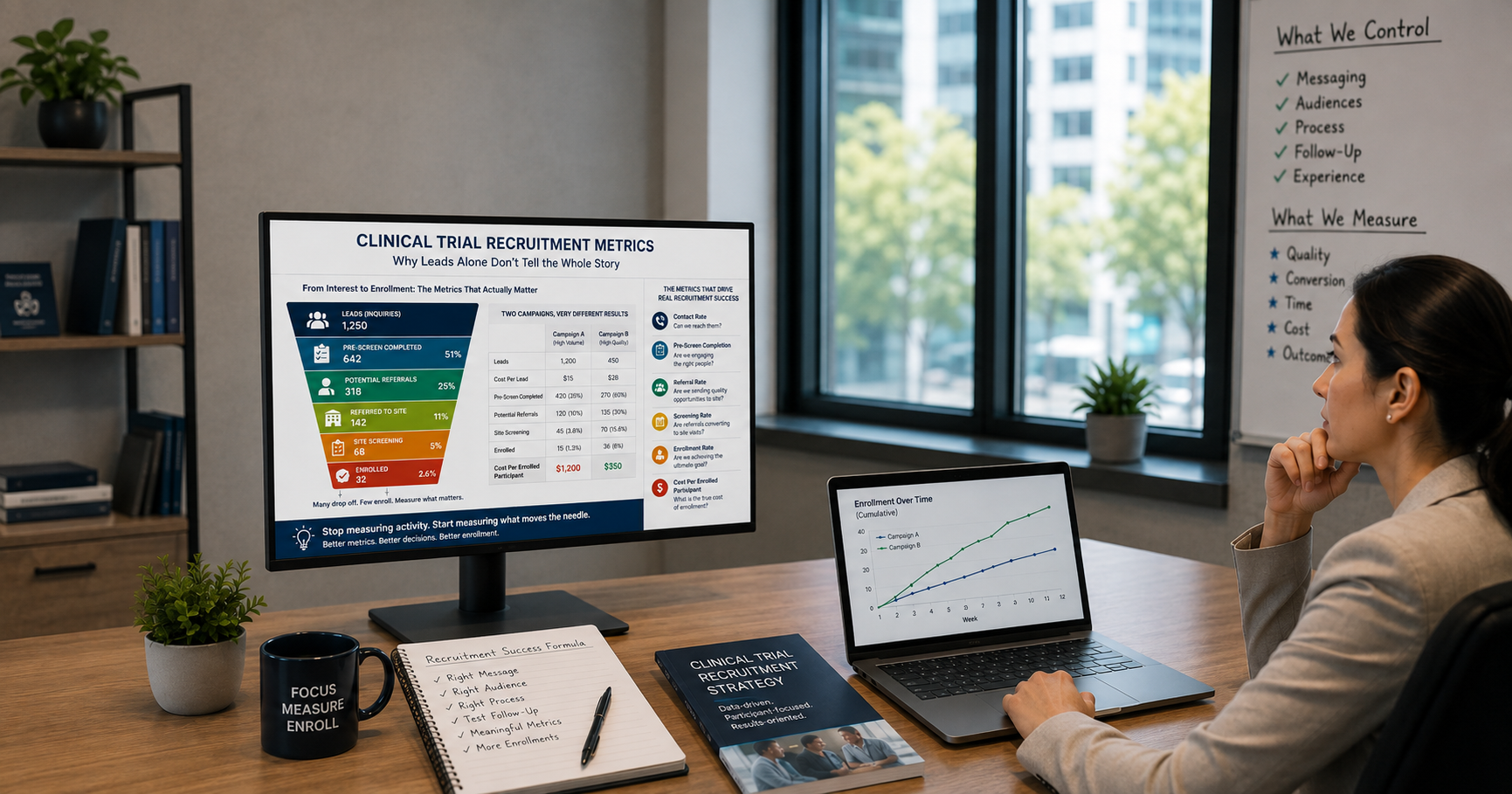 A recruitment professional reviewing a clinical trial recruitment metrics dashboard comparing two campaigns across cost per lead, referral rate, and cost per enrolled participant.
