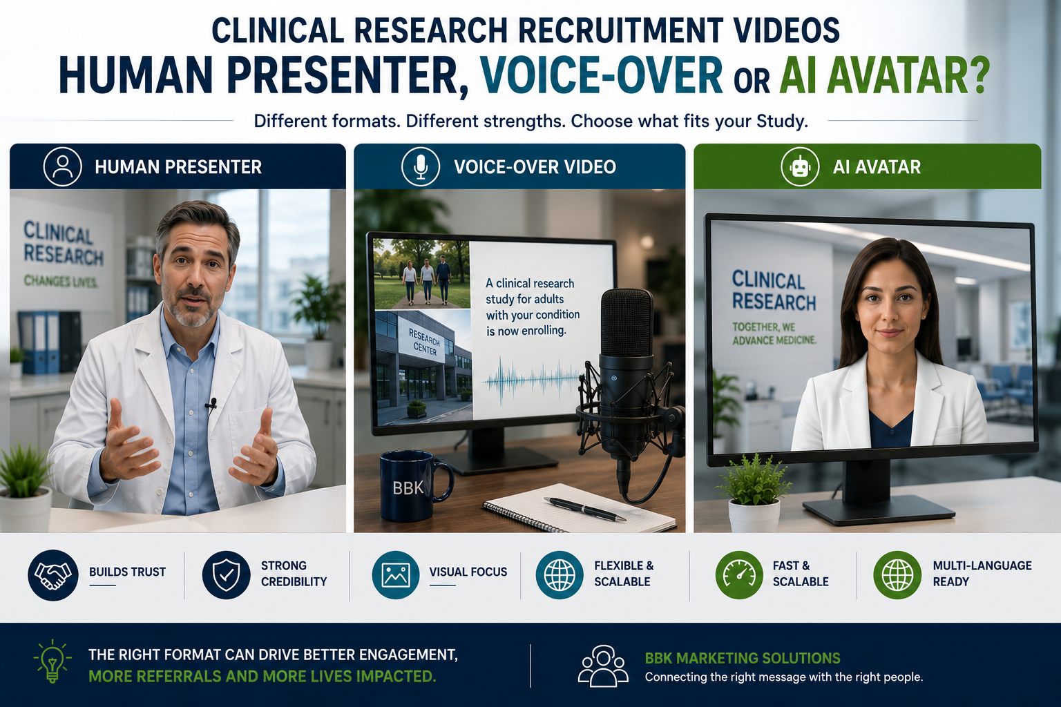 A split visual comparing three clinical trial recruitment video formats: a human presenter on camera, a voice-over with Study footage, and a digital AI avatar presenter.