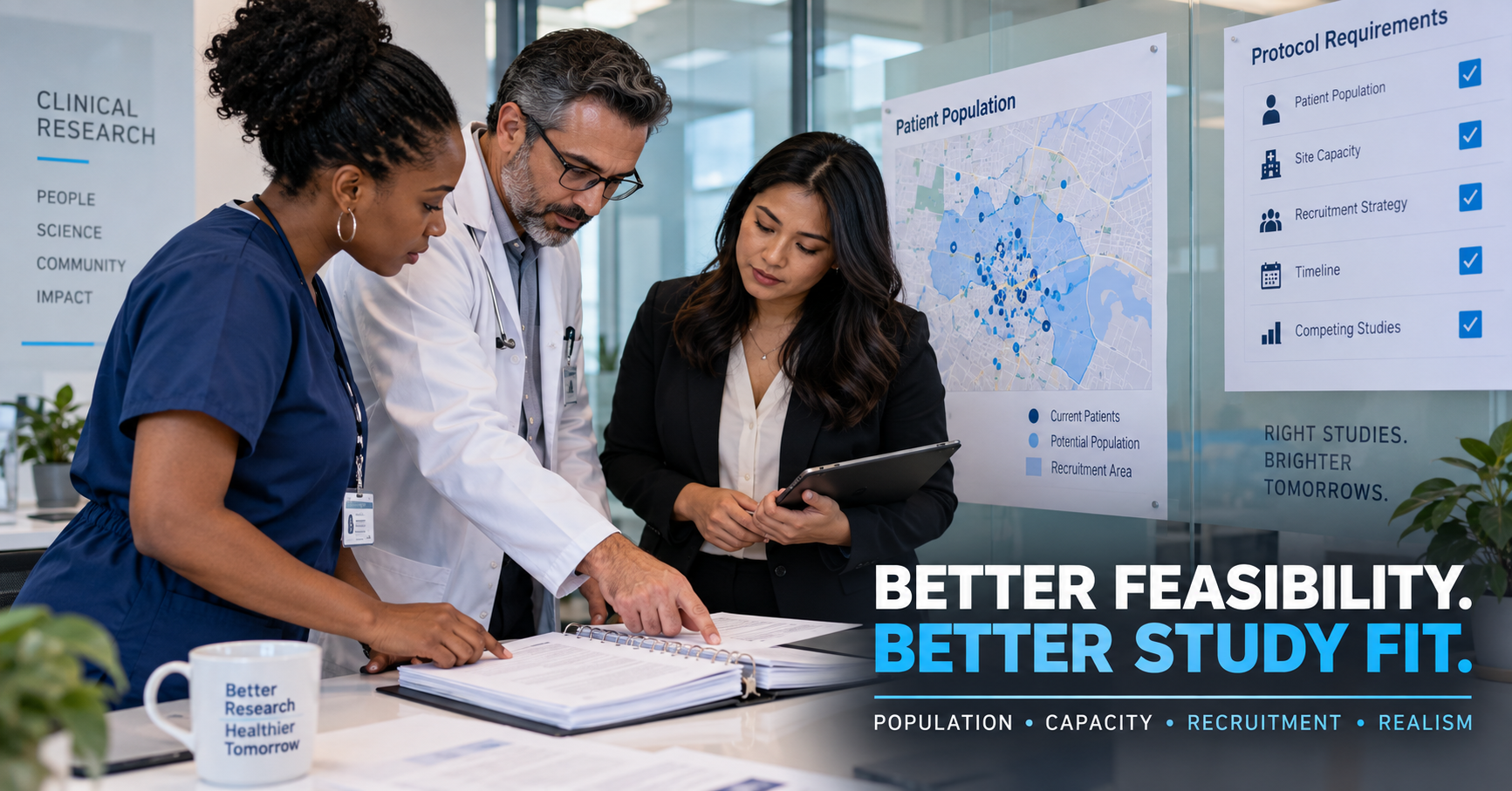 A principal investigator, a study coordinator and a business-development professional gathered around a physical protocol binder, with a patient-population map and a protocol-requirements checklist on a glass wall behind them, beside the headline 'Better feasibility. Better study fit.' and the concepts population, capacity, recruitment and realism.