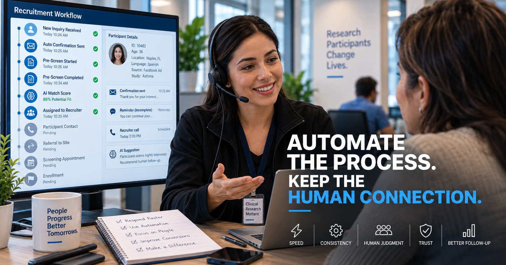 A clinical research recruitment operations room showing automated workflow activity on one side and a recruiter speaking directly with a participant on the other.
