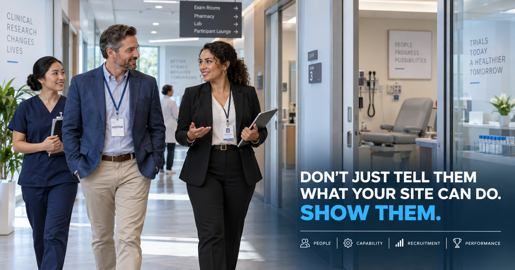 A Site Director and a research coordinator walking a Sponsor or CRO visitor through a clinical research facility past signs for exam rooms, pharmacy, lab and participant lounge, beside the headline 'Don't just tell them what your Site can do. Show them.' and the concepts people, capability, recruitment and performance.