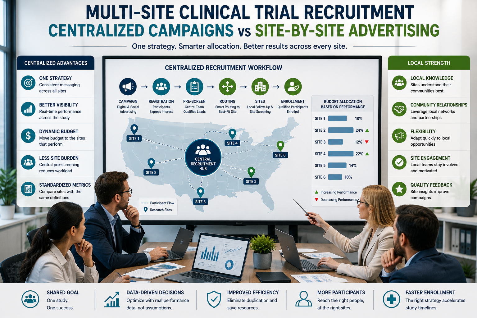 A CRO study management team reviewing a map of multiple Research Sites connected to one centralized recruitment hub, with budgets moving dynamically between sites according to performance.