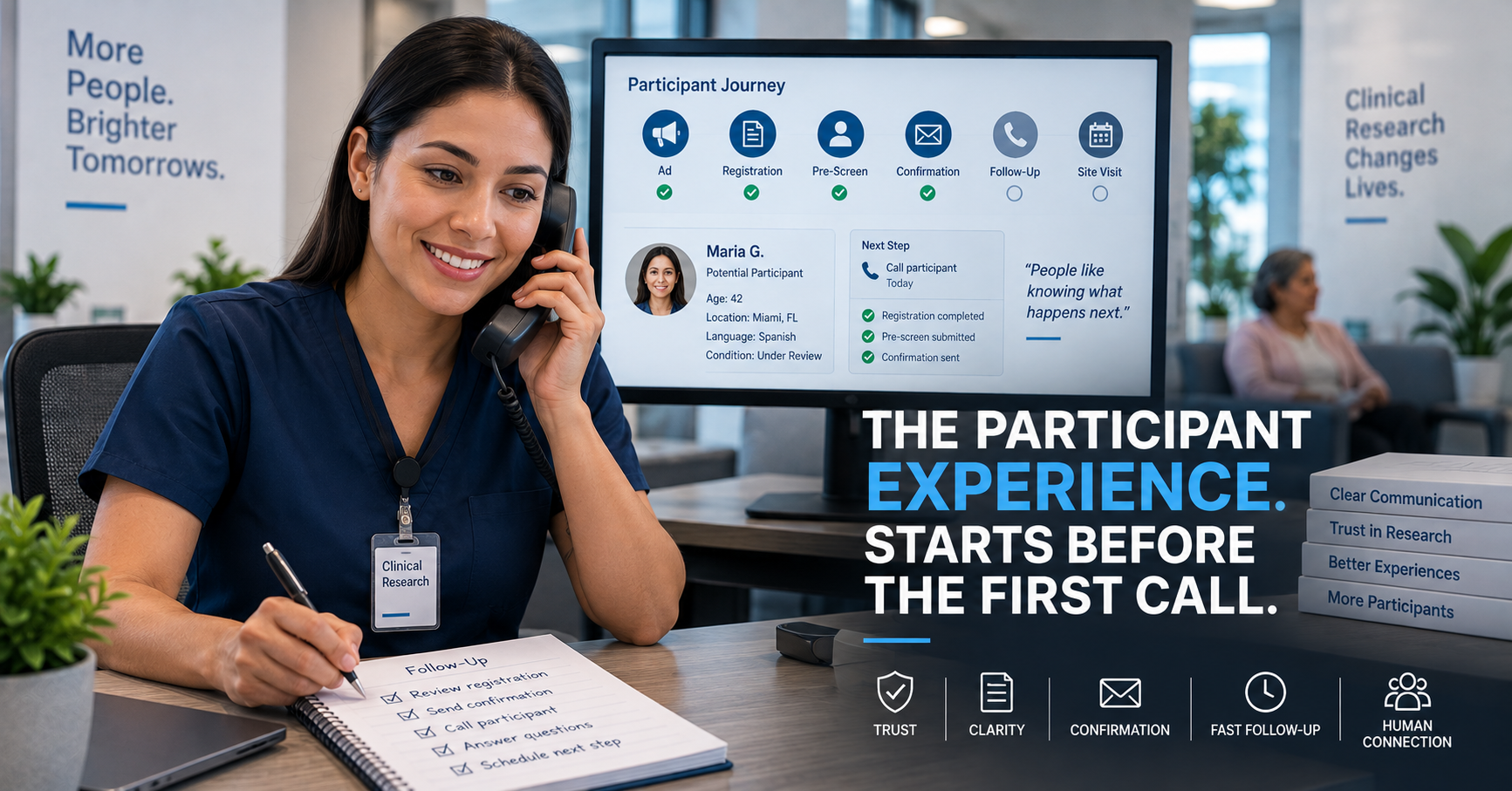 A clinical research coordinator preparing to contact a prospective participant, with digital registration information visible nearby, representing the participant journey before the first Site call.