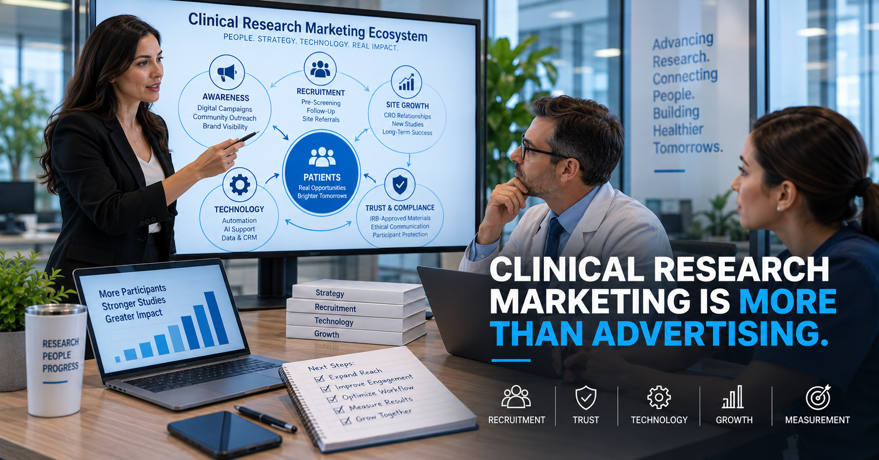 A Site Director, marketing professional, and research coordinator reviewing a clinical research marketing ecosystem in a glass-walled strategy room.